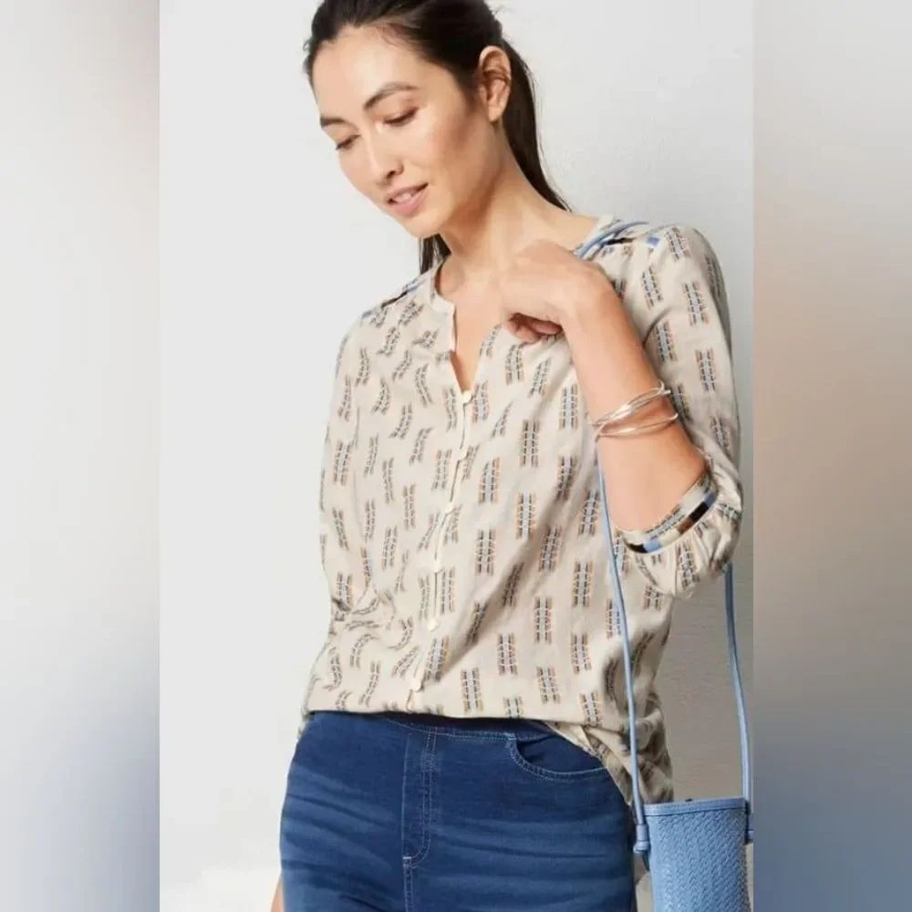 J. Jill Purejill Embroidered Button Front 3/4 Length Sleeve Blouse Top Size XL